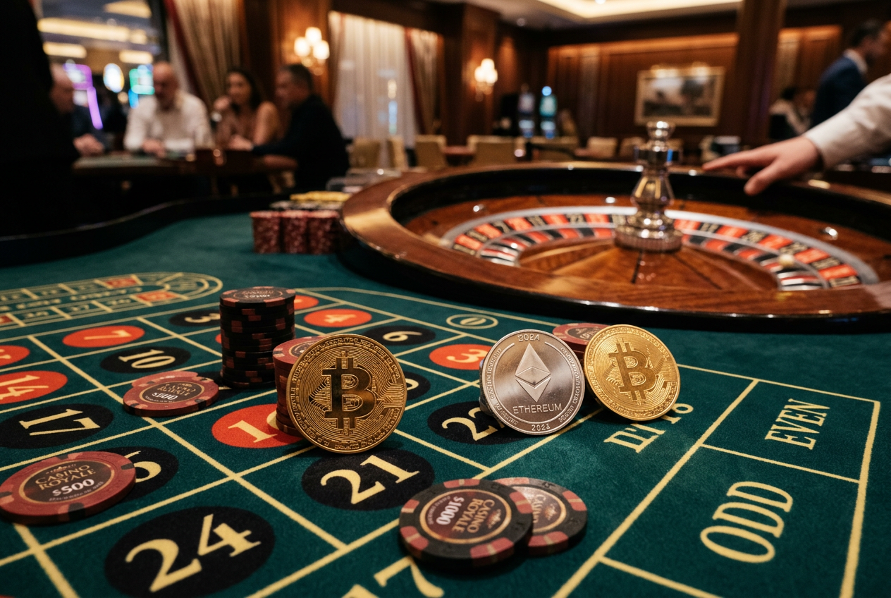 Kolekcja monet kryptowalut Bitcoin, Ethereum i Solana na stole do gry w kasynie