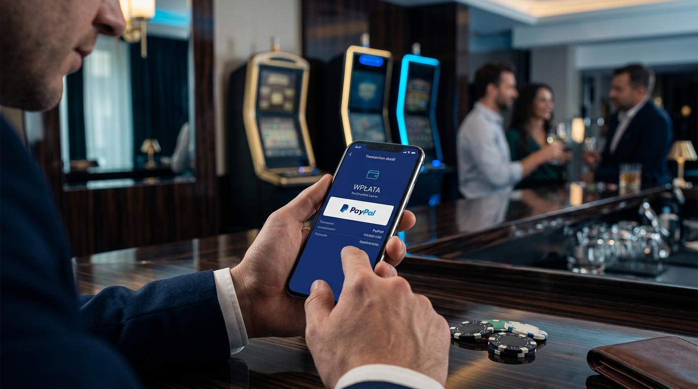 Futurystyczny logotyp PayPal w otoczeniu luksusowych elementów kasynowych i neonowego oświetlenia.