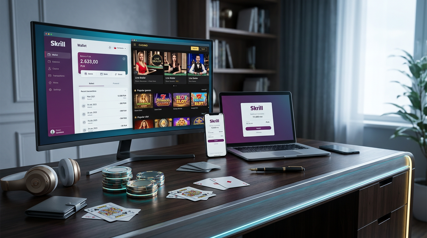 Modern digital wallet interface and casino elements representing Skrill payments in online casinos.
