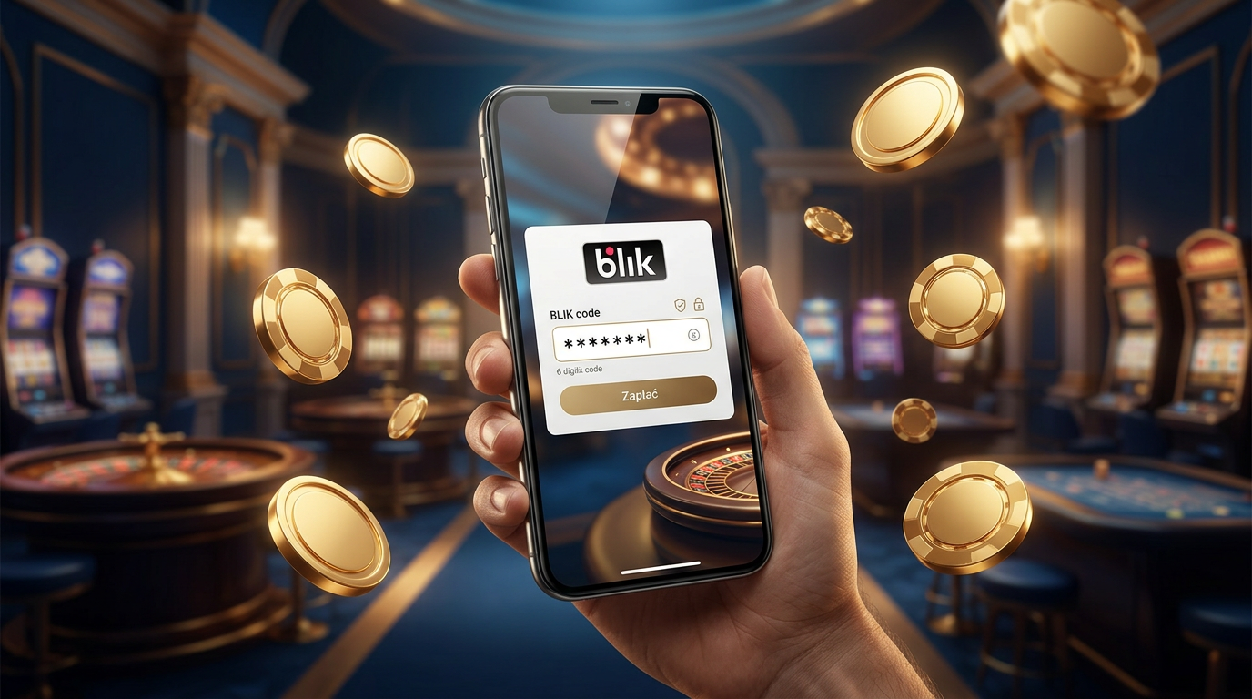 Smartfon wyświetlający kod BLIK na tle interfejsu luksusowego kasyna online